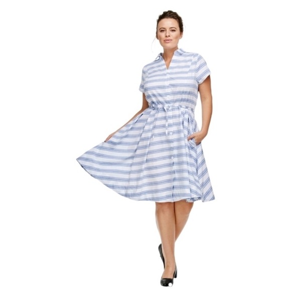 ellos Sandy Shirtwaist Dress White and Blue Stripe - Picture 1 of 6